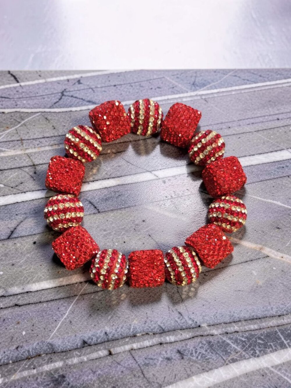 Very chunky Rhinestone Bright Red Bracelet~ Handmade 7.5 in